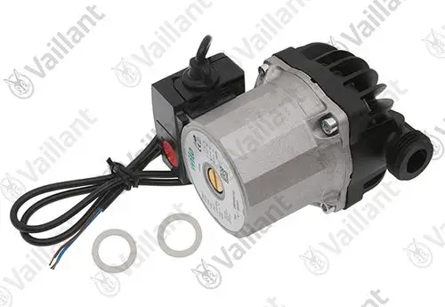 Vaillant Pumpe mit Motor und zwei Dichtungen, geeignet für Heizungsanwendungen, angeschlossen an ein elektrisches Steuergerät.